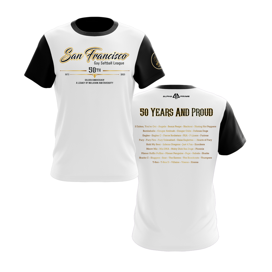 SFGSL 50th Anniversary Script Logo White/Black Full Dye Shirt