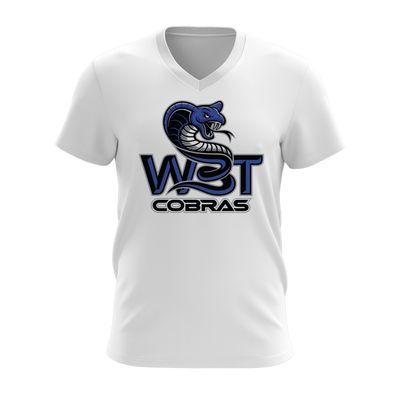 Personalized WBT Cobras Stacked Blue Logo Women's White V-Neck Shirt