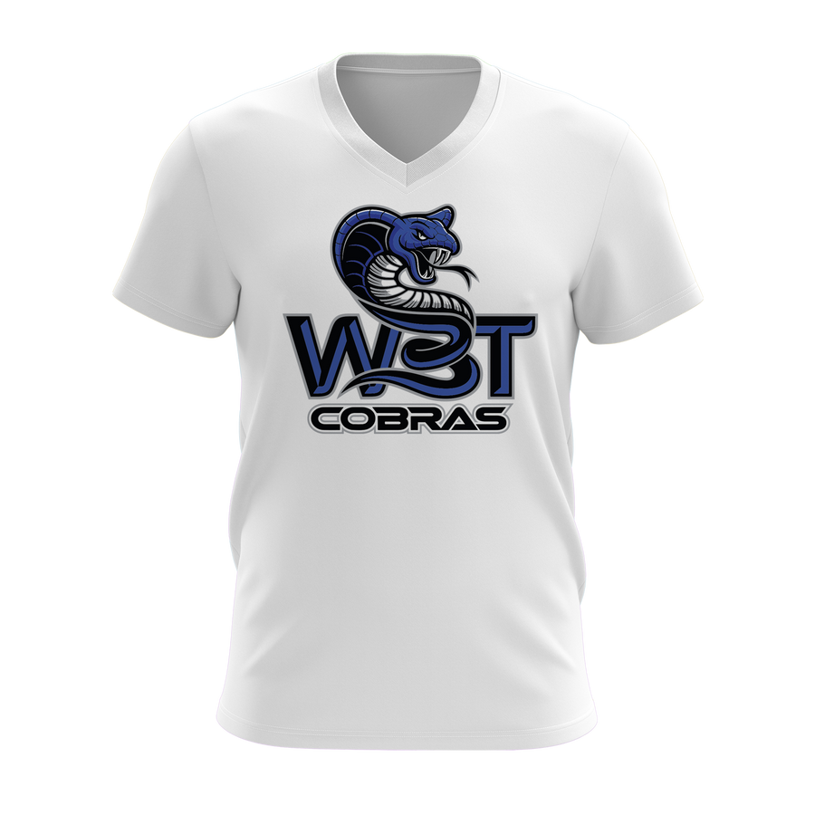 Personalized WBT Cobras Stacked Blue Logo Women's White V-Neck Shirt